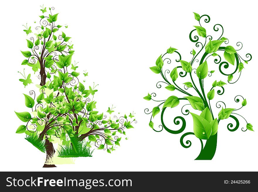 Green trees floral design on white. Green trees floral design on white