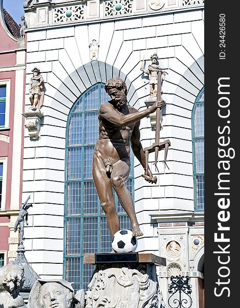 Details of the famous fountain of the Neptune with the ball in Gdansk, the host of the Euro 2012. Details of the famous fountain of the Neptune with the ball in Gdansk, the host of the Euro 2012.