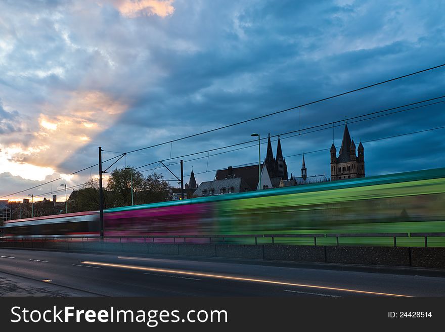 Tram in motion blur at dusk