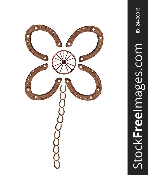 Image of a four-leaf clover made from old rusty horseshoes and a wagon wheel. Isolated on white. Image of a four-leaf clover made from old rusty horseshoes and a wagon wheel. Isolated on white.