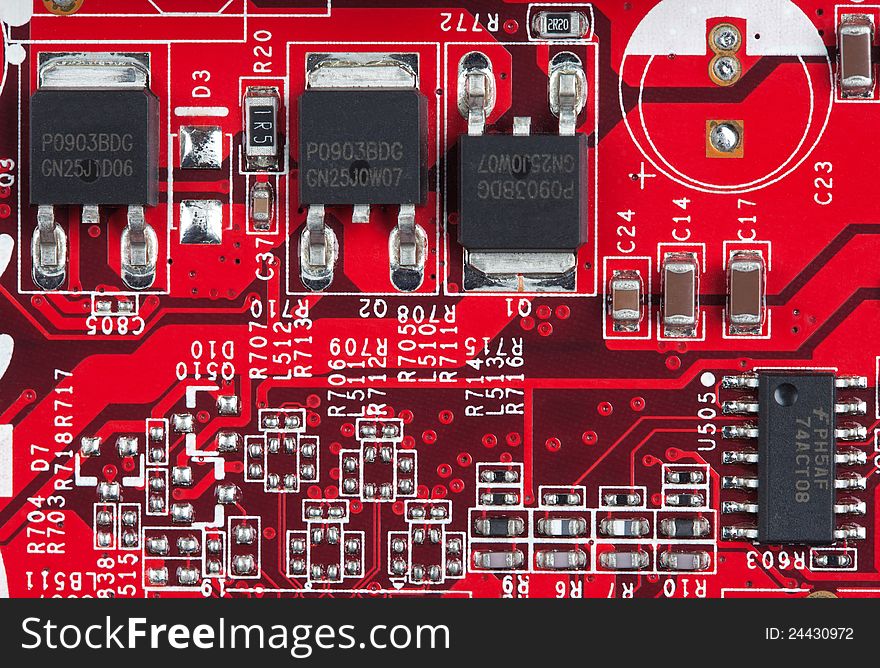 Red electronic circuit board, small elements