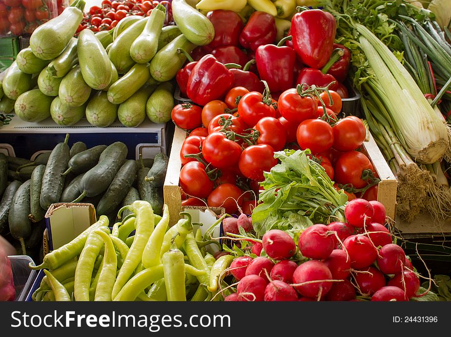 Fresh organic vegetables on market stalls