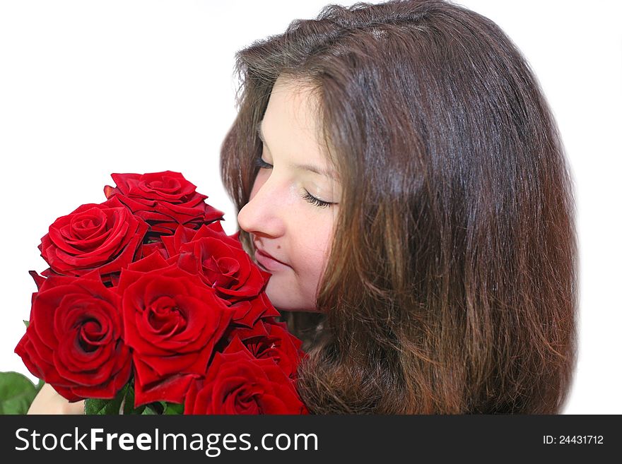 Girl Enjoys The Smell Of Roses