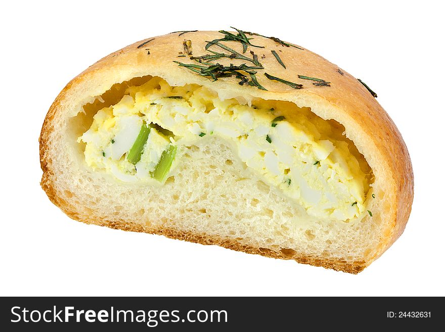 Bun filled with eggs isolated on white with clipping path.