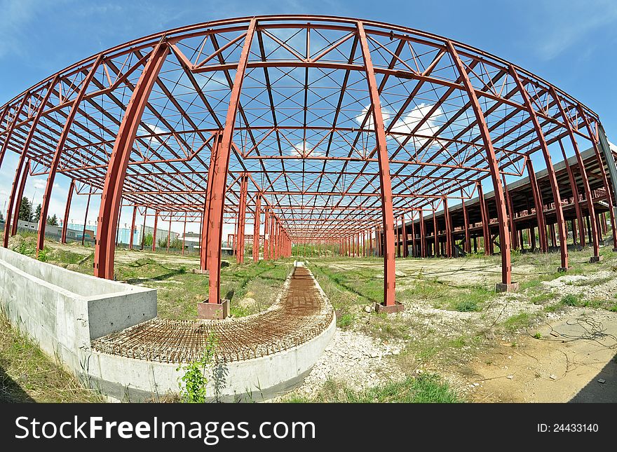 Fisheye construction metallic site of new block of flats. Fisheye construction metallic site of new block of flats