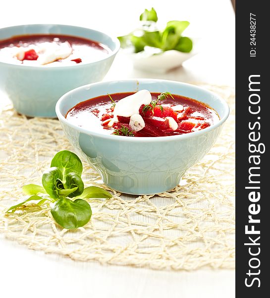 Traditional Russian Ukrainian Borscht Soup with brown bread