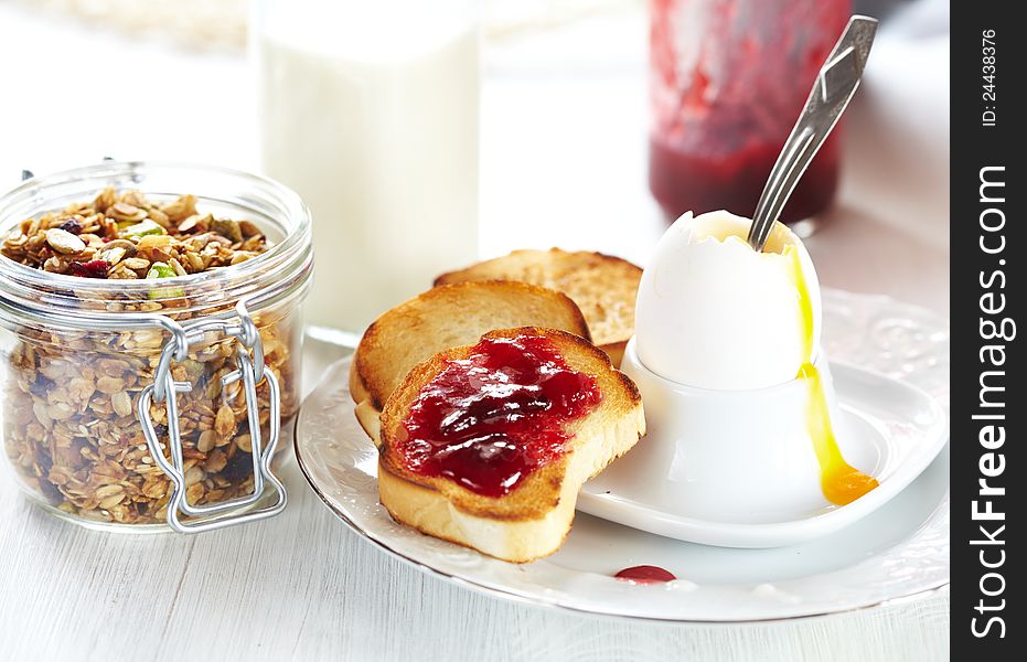 Jam, toast, egg, milk and granola. Jam, toast, egg, milk and granola