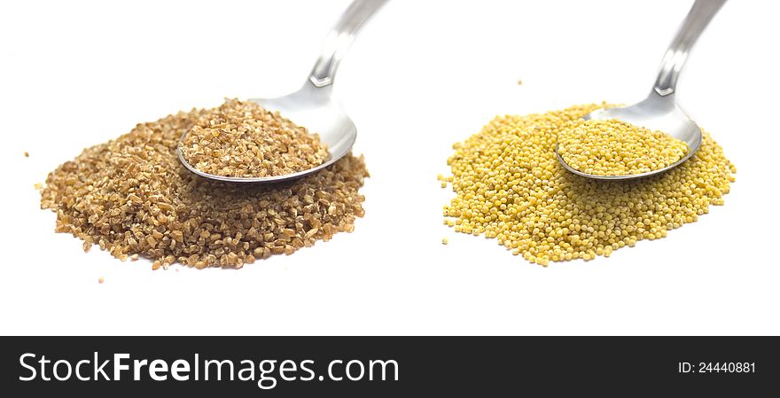 Collection of Cereals isolated on white : Spelt and Millet with spoon