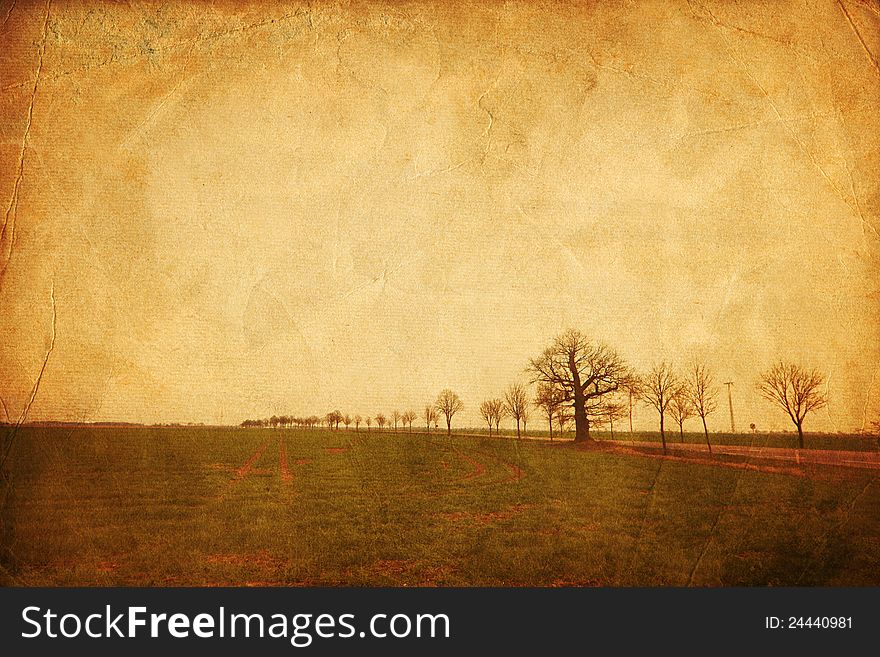 Rural landscape with an old paper texture and place to copy. Rural landscape with an old paper texture and place to copy