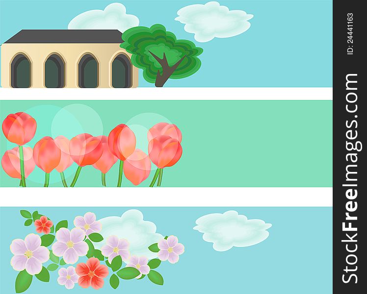 Banners set with flowers and building images. Banners set with flowers and building images