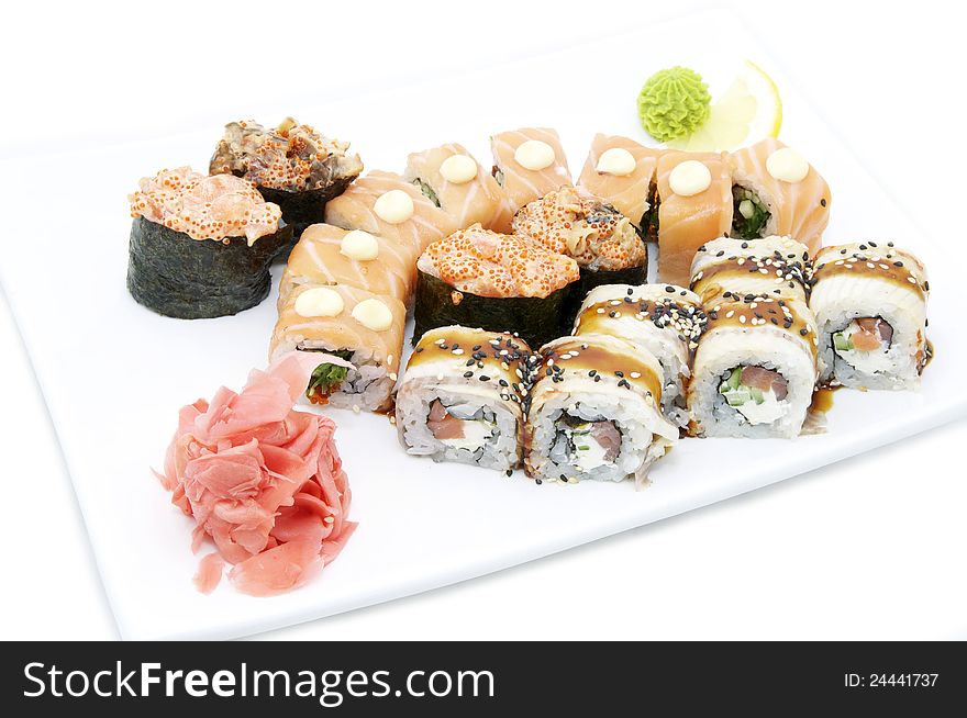 Sushi with salmon and eel on a white background