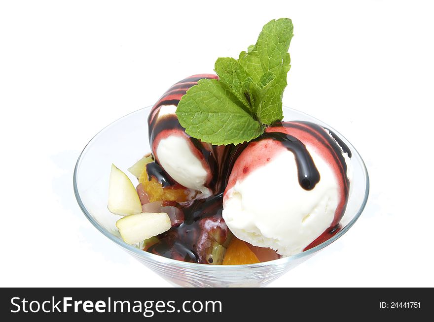 Balls of ice cream with chocolate sauce decorated with mint