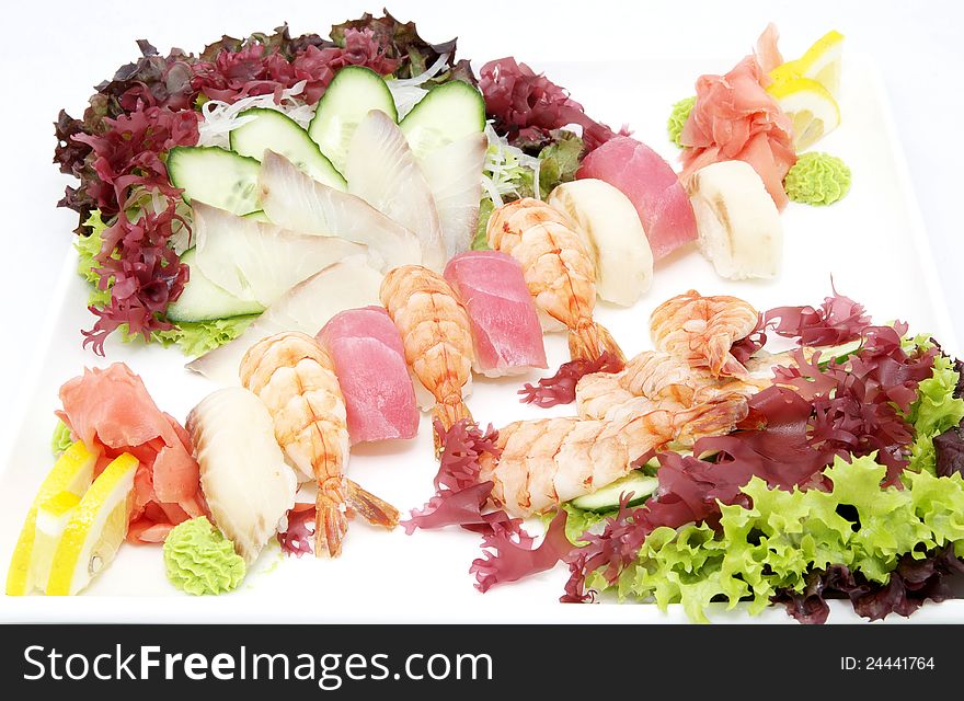 Japanese sushi with salad and shrimp