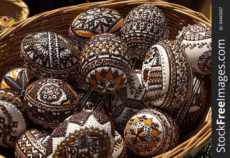 Basket with painted eggs for Easter.