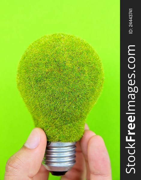 Light blub in hand with green background