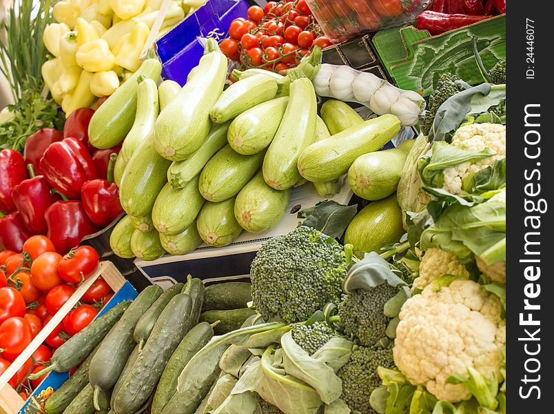 Fresh organic vegetables on market stalls