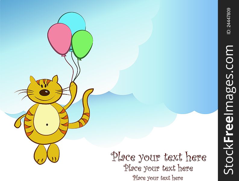 Amusing flying cat with balloons in clouds