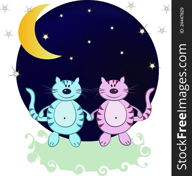 Blue and pink cats in the night from the moon and stars. Blue and pink cats in the night from the moon and stars