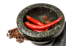 Stone Mortar With Spices And Chilli Royalty Free Stock Photos Stone Mortar With Spices And Chilli Royalty Free Stock Photos