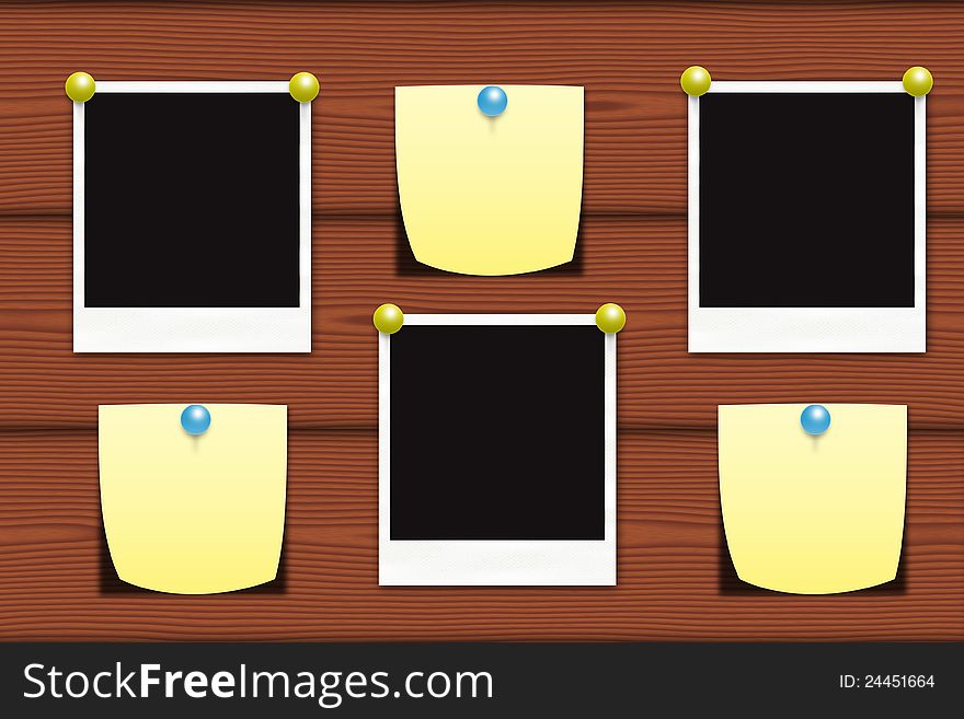 Illustration of an old photo cards and empty notes on a wooden background. Illustration of an old photo cards and empty notes on a wooden background