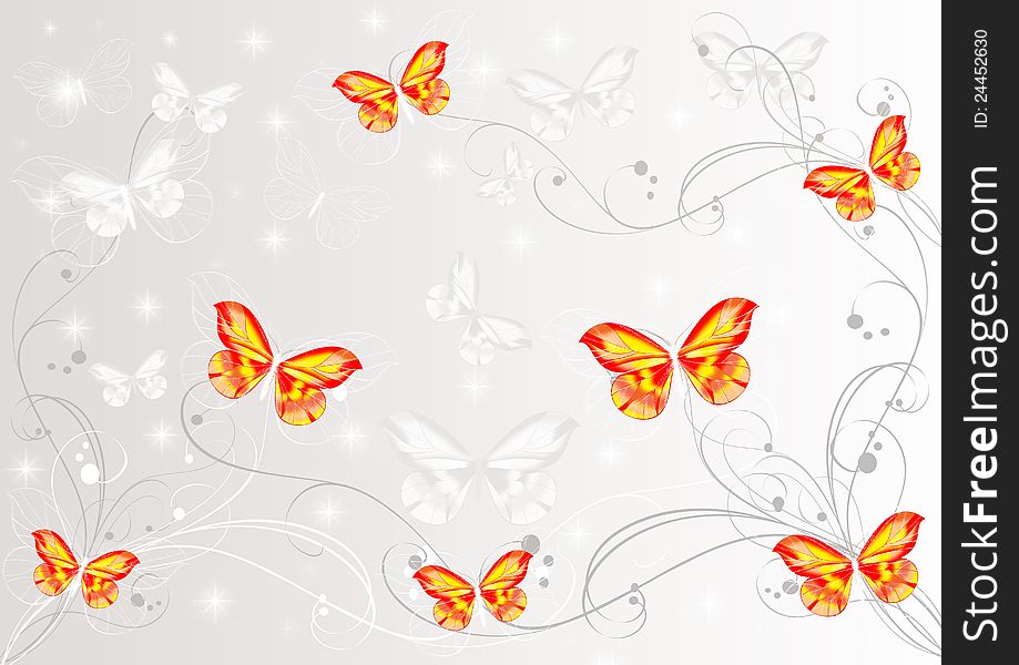 Nice wallpaper with painted butterflies. Butterflies design. Nice wallpaper with painted butterflies. Butterflies design