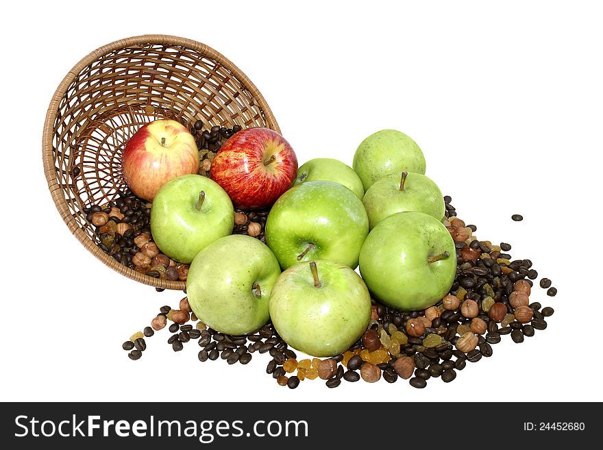 Many fresh green apples with basket on white background. Apples. Many fresh green apples with basket on white background. Apples