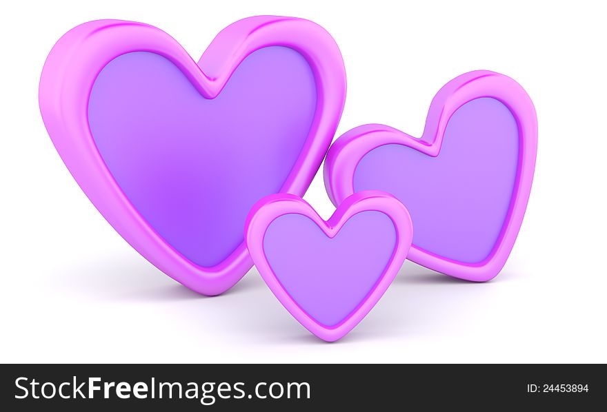 Three pink hearts isolated on white background
