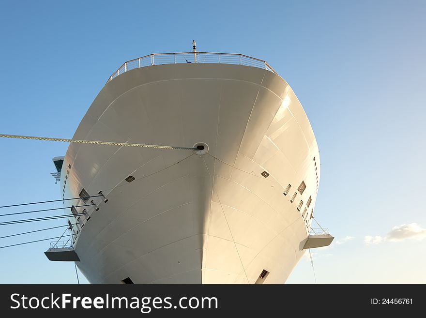 The Bow of a Luxury Cruise Ship while anchored in Port.