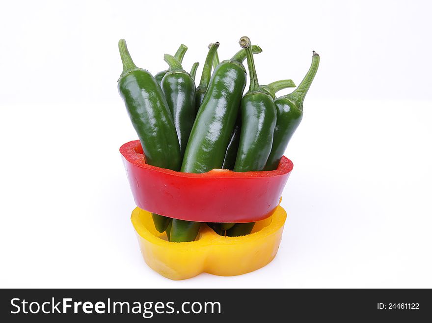Green chilly peppers and red peppers