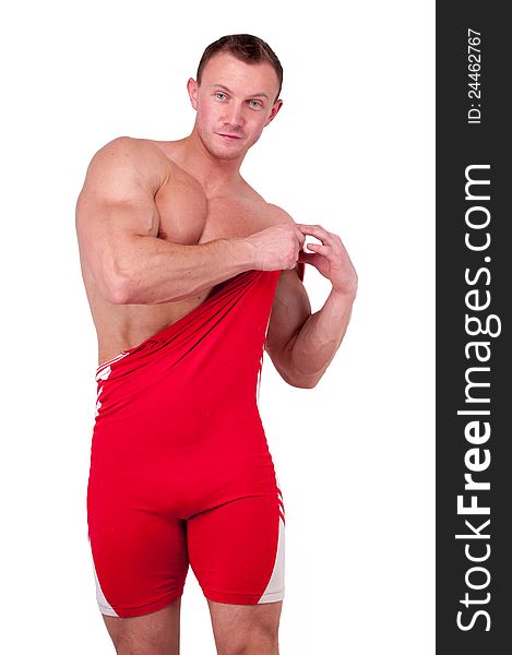 Male model in red running suit. Male model in red running suit