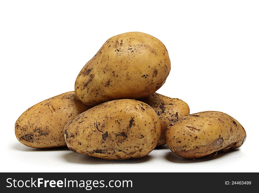 Dirty raw potatoes on a white background. Dirty raw potatoes on a white background.