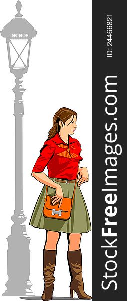 One girl fashionably dressed about street lamppost