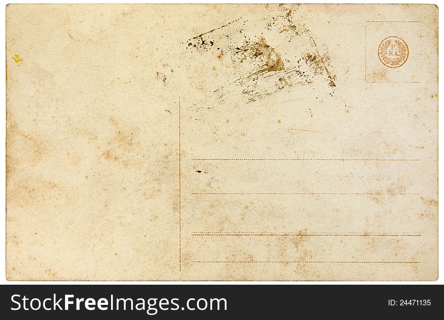 Back side of an antique post card isolated on white. Back side of an antique post card isolated on white.