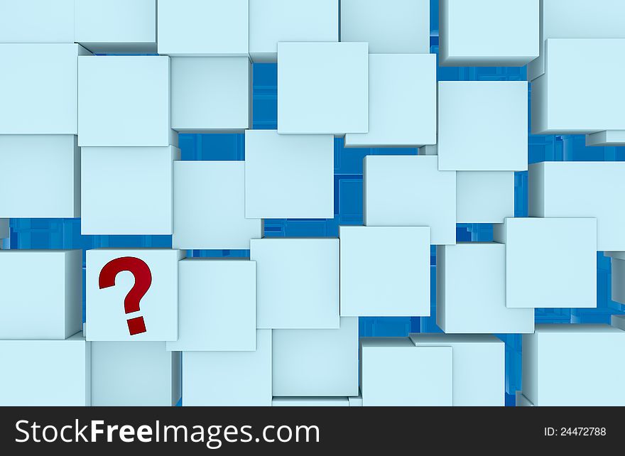 Top view of many cubes at different heights and a question mark over one of them (3d render). Top view of many cubes at different heights and a question mark over one of them (3d render)