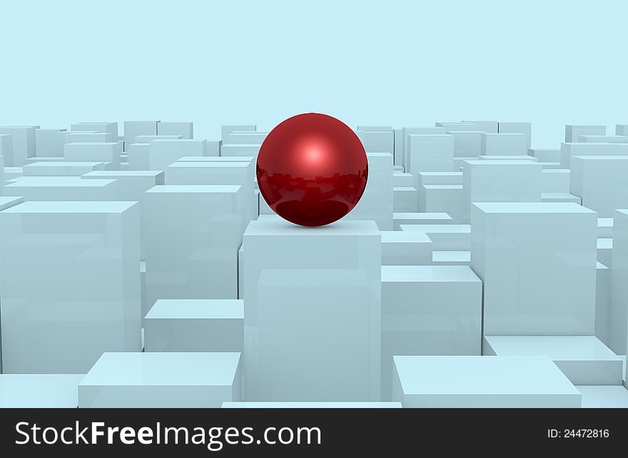 Front view of many cubes of different size with a sphere over one of them (3d render). Front view of many cubes of different size with a sphere over one of them (3d render)