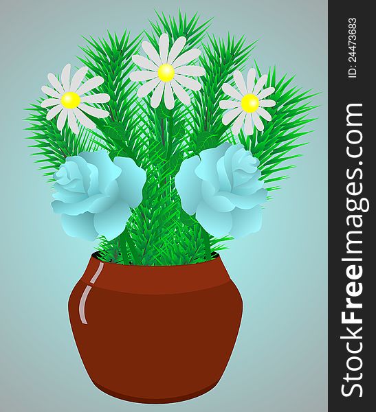 Flowers rose and camomile in a flowerpot. EPS 8.