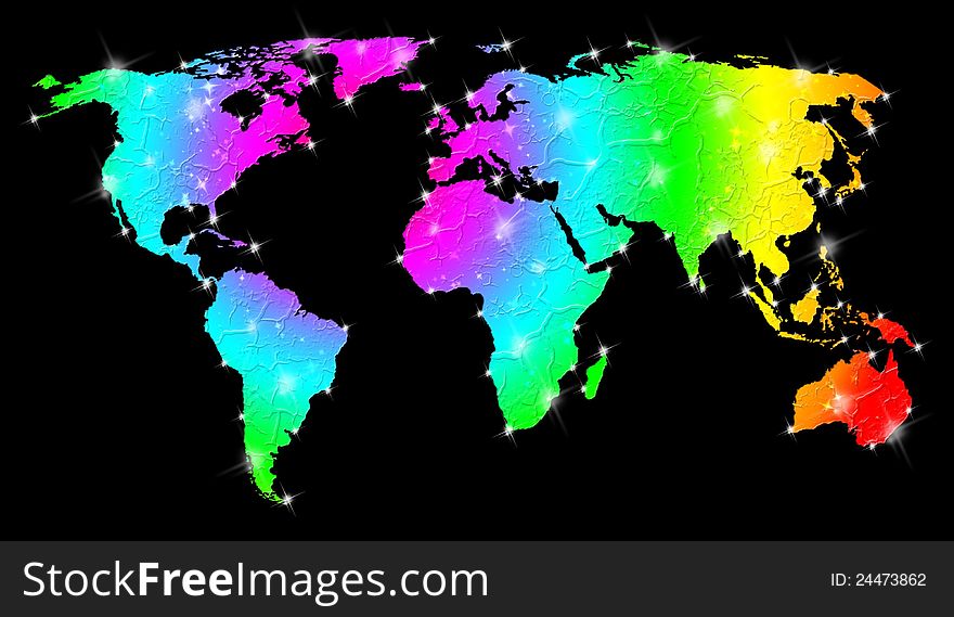 Fantasy and rainbow colored world map on black background. Fantasy and rainbow colored world map on black background