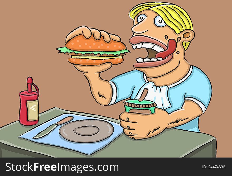 Illustration of cartoon fat man eating a big hamburger. Illustration of cartoon fat man eating a big hamburger.