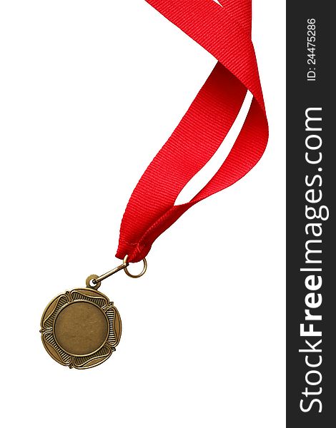 Bronze or gold medal with nice long red ribbon on white background. Isolated with clipping path. Bronze or gold medal with nice long red ribbon on white background. Isolated with clipping path