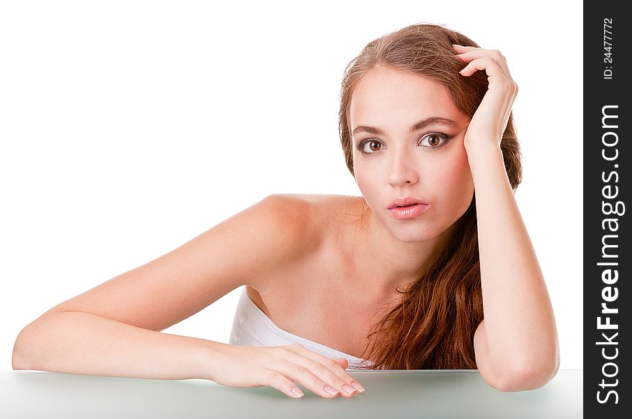 Young woman face on white