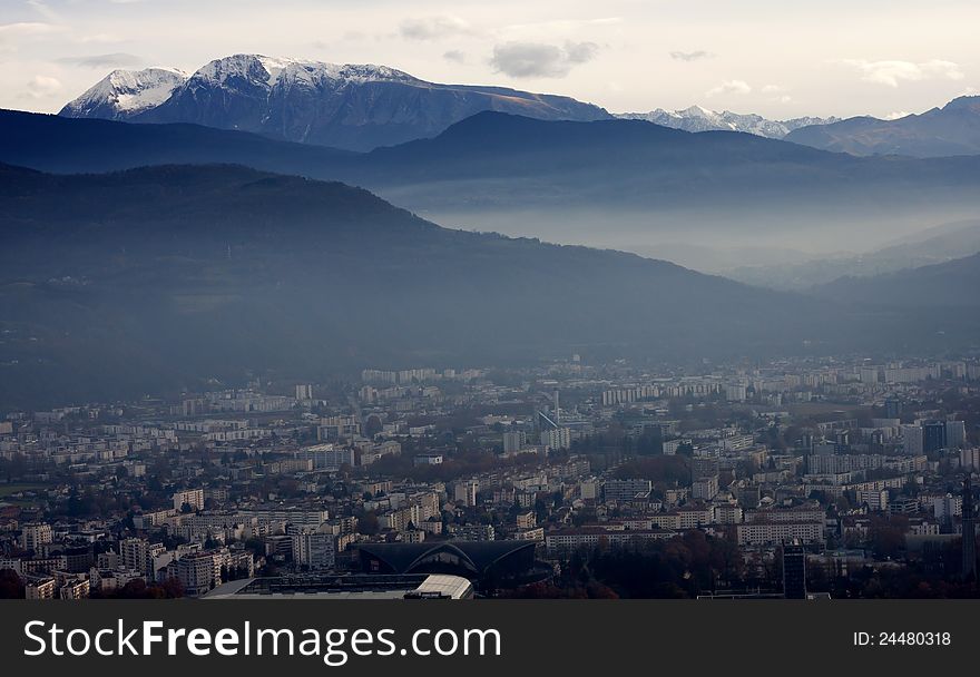 Evening top view of Grenoble