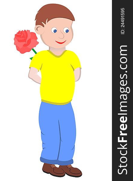 Smiling boy with a big flower rose. EPS 8 vector.