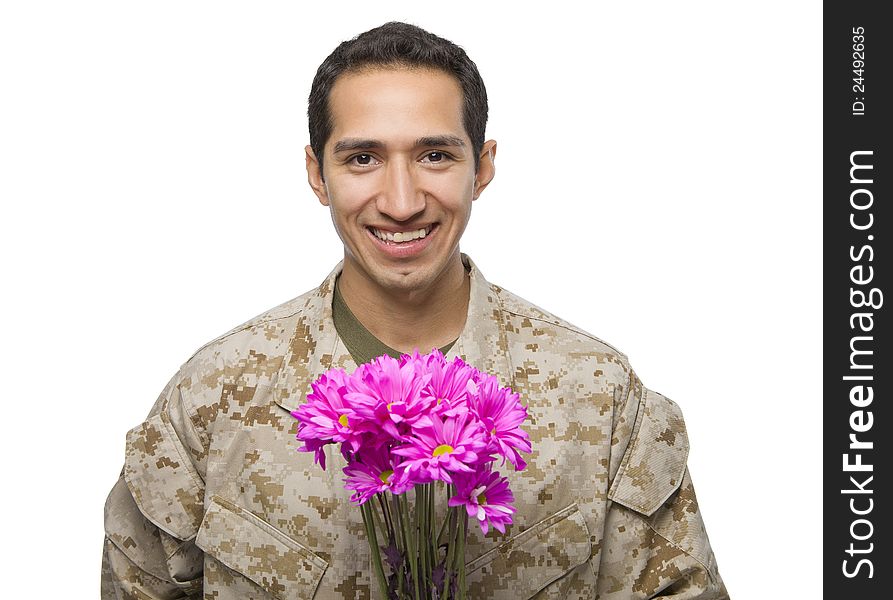 Hispanic Military Man With Pink Flowers