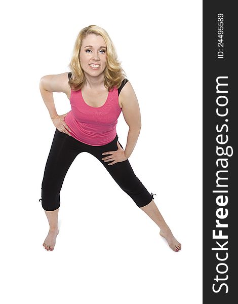 Adult Woman exercising on white background. Adult Woman exercising on white background