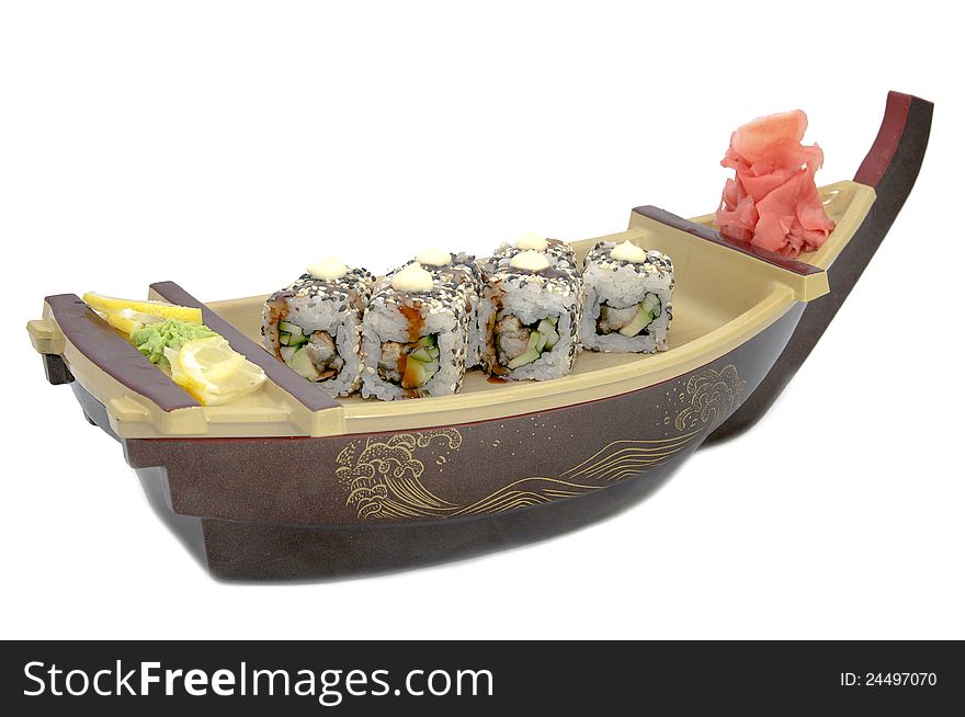 Boat with a Japanese sushi on white background