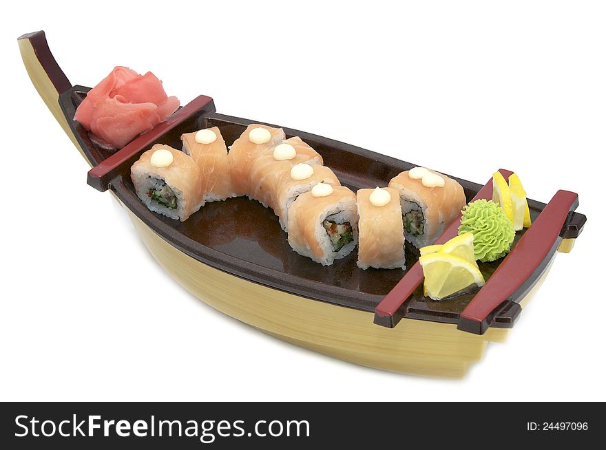 Boat with a Japanese sushi on white background