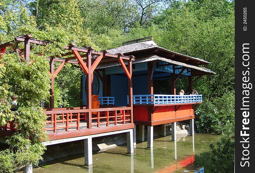 Picture of a wooden Japanese dock in a Japanese garden