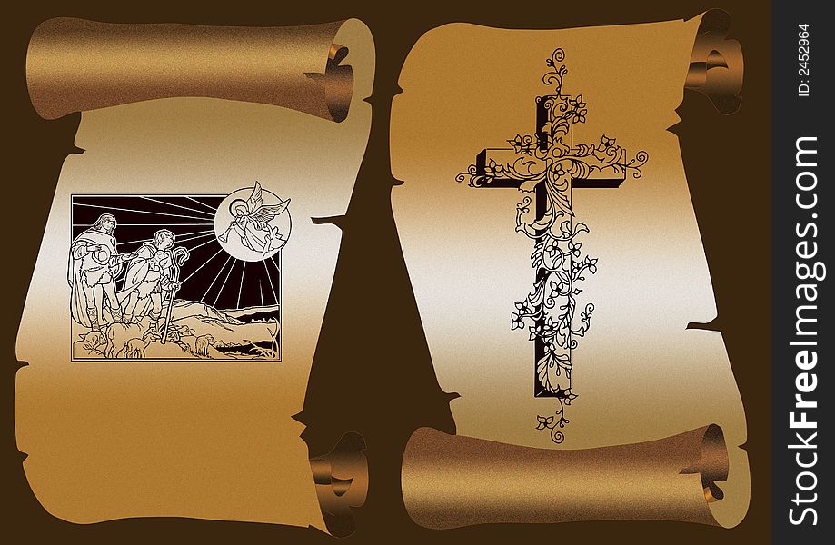 Old paper scroll on dark background. With cross and Jesus Christ . Old paper scroll on dark background. With cross and Jesus Christ