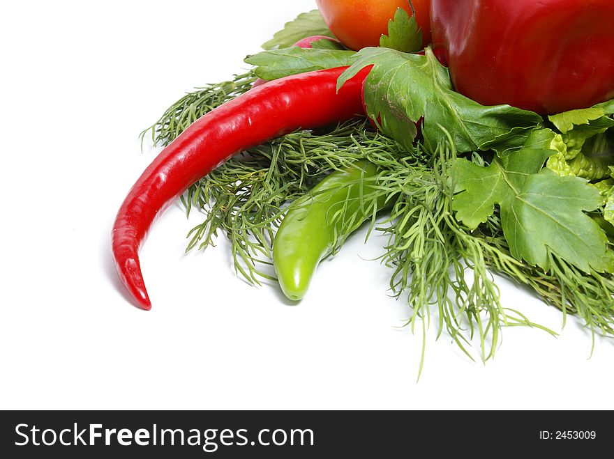 Pepper, fennel and parsley isolated on white. Pepper, fennel and parsley isolated on white