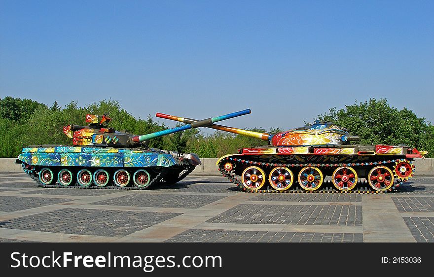 Modern art, colored tanks, antiwar protest, peace. Modern art, colored tanks, antiwar protest, peace